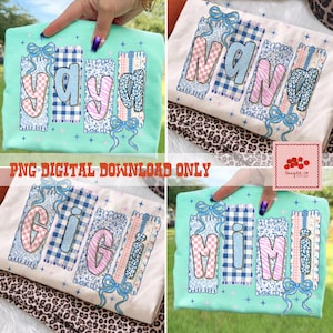 以下が含まれることがあります： 「Yaya」、「Nana」、「Gigi」、「Mimi」という名前が装飾的なフォントで書かれた4枚のTシャツ。各名前は模様入りのブロックとリボンで縁取られています。Tシャツの色はライトグリーンとクリーム色です。「PNG DIGITAL DOWNLOAD ONLY」というテキストも表示されています。