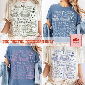 May include: Four t-shirts in cream, blue, and light blue, each with a vintage-style graphic of kitchenware, including plates, teacups, and a duck. The phrase "in my granny era" is printed on each shirt. The text "PNG DIGITAL DOWNLOAD ONLY" is also visible.