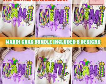 Preppy Mardi Gras Mama PNG Bundle, Coquette Mardi Gras Family Matching Shirt Design, Purple Green Gold Crown & Mask PNG, Trendy Fat Tuesday