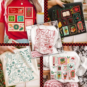 Op de afbeelding: Een collage van kerstkleding. Een rood t-shirt met postzegelontwerpen en de tekst "Merry & Bright". Een zwart sweatshirt met kerstzegels. Een wit sweatshirt met "Cozy Season" tekst en kersticonen. Een crèmekleurig shirt met "Merry Christmas".