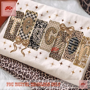 May include: Cream-colored t-shirt with the word "TEACHER" in a mix of animal print patterns, including leopard and zebra. The letters are adorned with decorative bows. The phrase "PNG DIGITAL DOWNLOAD ONLY" is at the bottom. The design is surrounded by star accents.