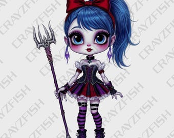 2 Cartoon Goth Girls PNG Digital Prints, Transparent Background