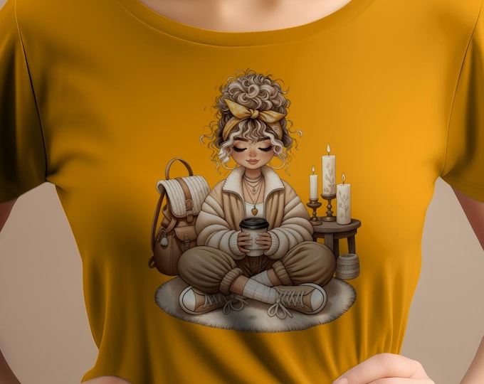 Bohemian Coffee Girl Art, Cozy Character Design (Digital Download)