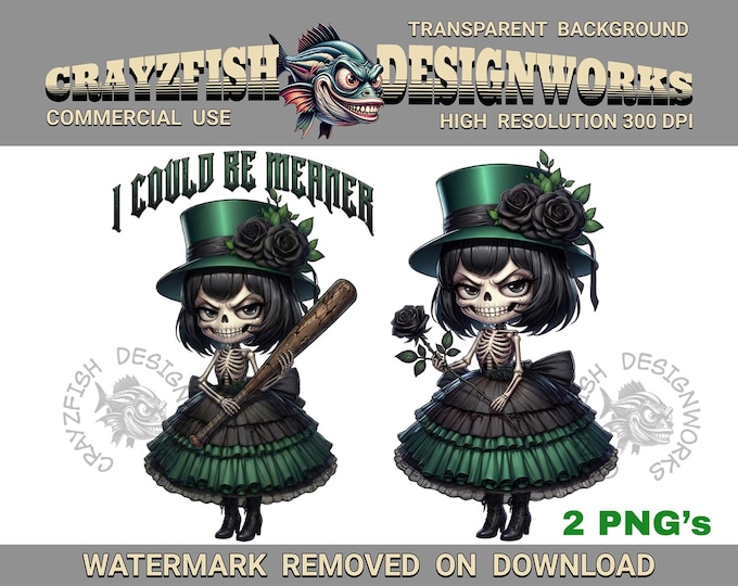 Gothic Skeleton Girl Art Print, Punk Home Decor (Digital Download PNGs)