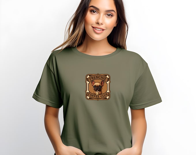 Frenchie Coffee Club T-Shirt, Custom Colors Cotton Unisex Tee, Dog Lover Gift