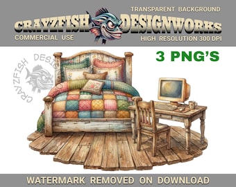 Cozy Home Office Clip Art, Rustic Bedroom View, WFH Graphics (3 PNG Files)