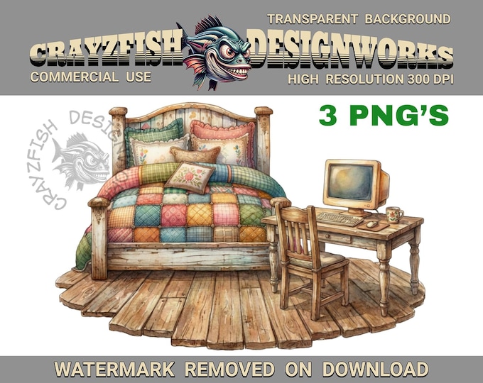 Cozy Home Office Clip Art, Rustic Bedroom View, WFH Graphics (3 PNG Files)