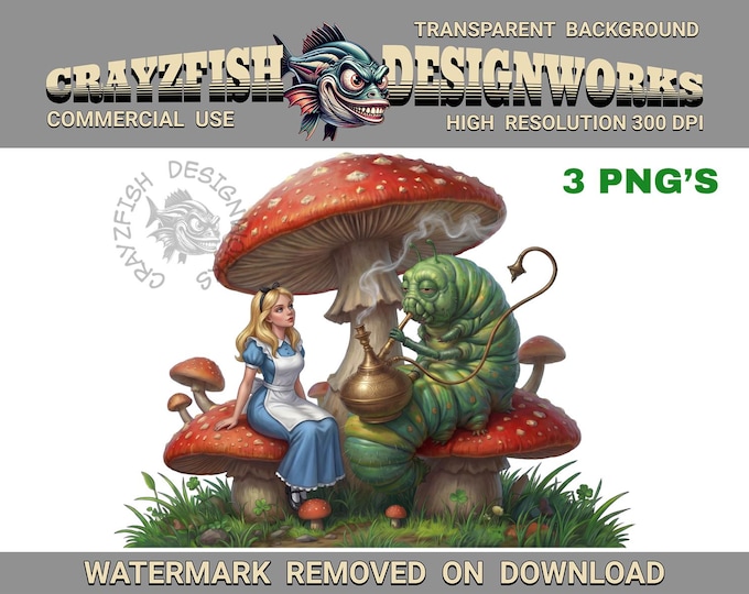 Alice in Wonderland Psychedelic art, 3 PNG Prints, fantasy illustration, whimsical mushroom scene,