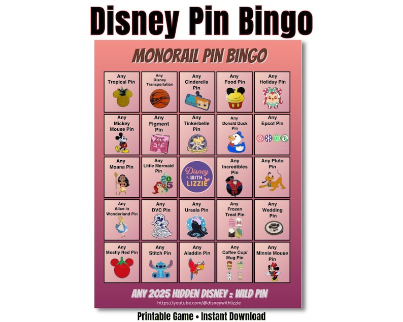 Hat Pin Bingo Example Monorail Pingo - Printable Disney Pin Trading Bingo Game for Parks ...