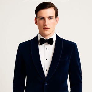 May include: A navy blue velvet tuxedo jacket with a black satin lapel and a single-button closure. The jacket is worn with a white dress shirt and a black bow tie. The formal wear ensemble is suitable for special occasions.