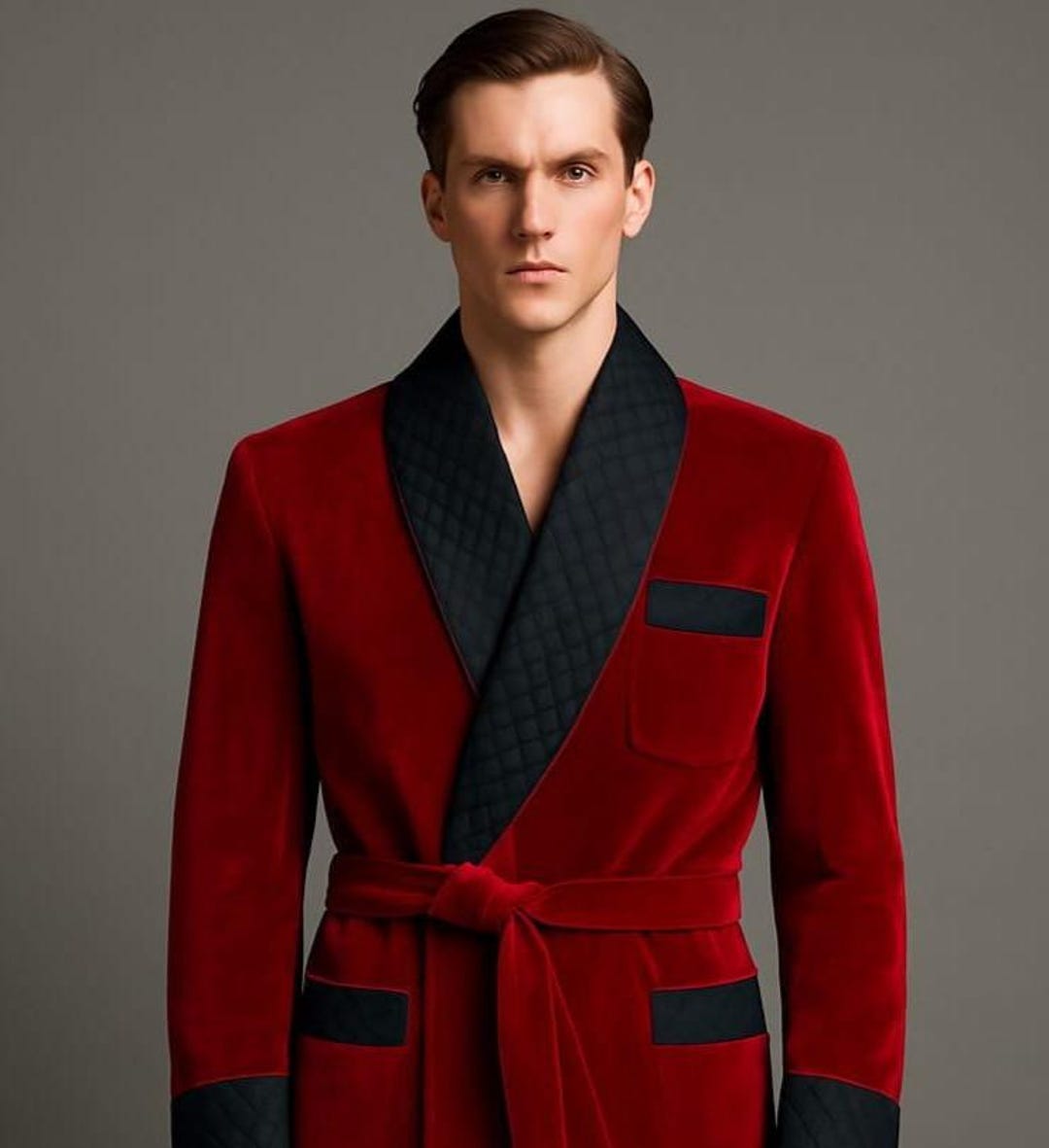 Men’s Red Velvet Smoking Jacket – Quilted Black Shawl Collar, Luxury ...