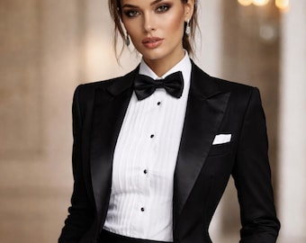 Completo smoking nero da donna, elegante set da smoking da 2 pezzi per donna, blazer e pantaloni con risvolto in raso, smoking da matrimonio formale, abito da sera da donna