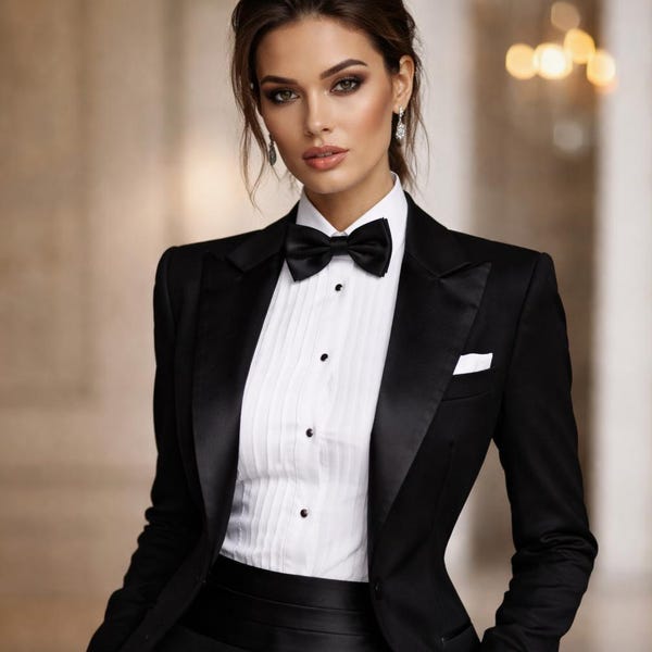 Black tuxedo dress with satin lapels