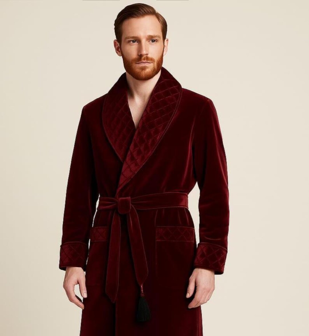 Gentleman’s Velvet Smoking Jacket – Burgundy Robe With Quilted Accents ...