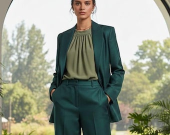 Women’s Deep Teal Green Tailored Pantsuit – Elegant Blazer & Wide-Leg Trousers, Modern Power Suit, Chic Office and Formal Wear