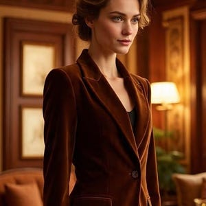 Puede incluir: Un blazer de terciopelo marrón con cierre de un solo botón y solapa de muesca. El blazer tiene un corte entallado y un bolsillo en la parte delantera. La mujer lleva una camiseta negra. El fondo es una habitación con paneles de madera.