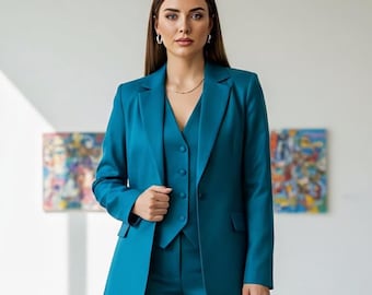 Teal Women Pantsuit Set, 3 Piece Business Suit, Office Blazer Vest Trouser Set, Wedding Guest Outfit, Formal Pant Suit