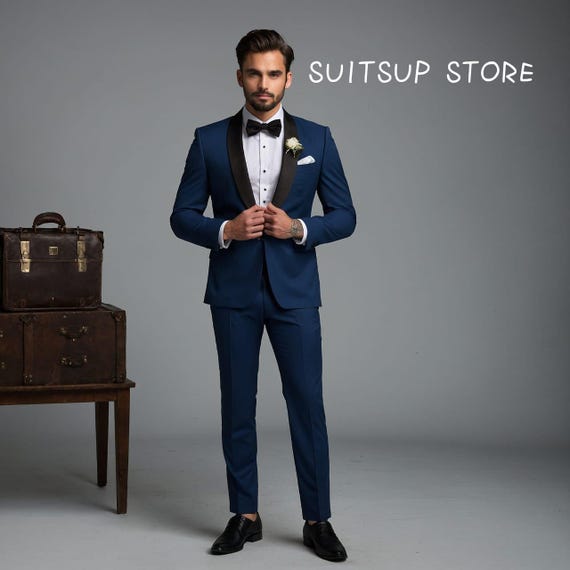 black dress shoes with navy blue suit Tuxedo for Men – Slim Fit Wedding Shawl Lapel, Groom or Groomsmen Formal Wear, Modern 2-piece Suit With Bow Tie