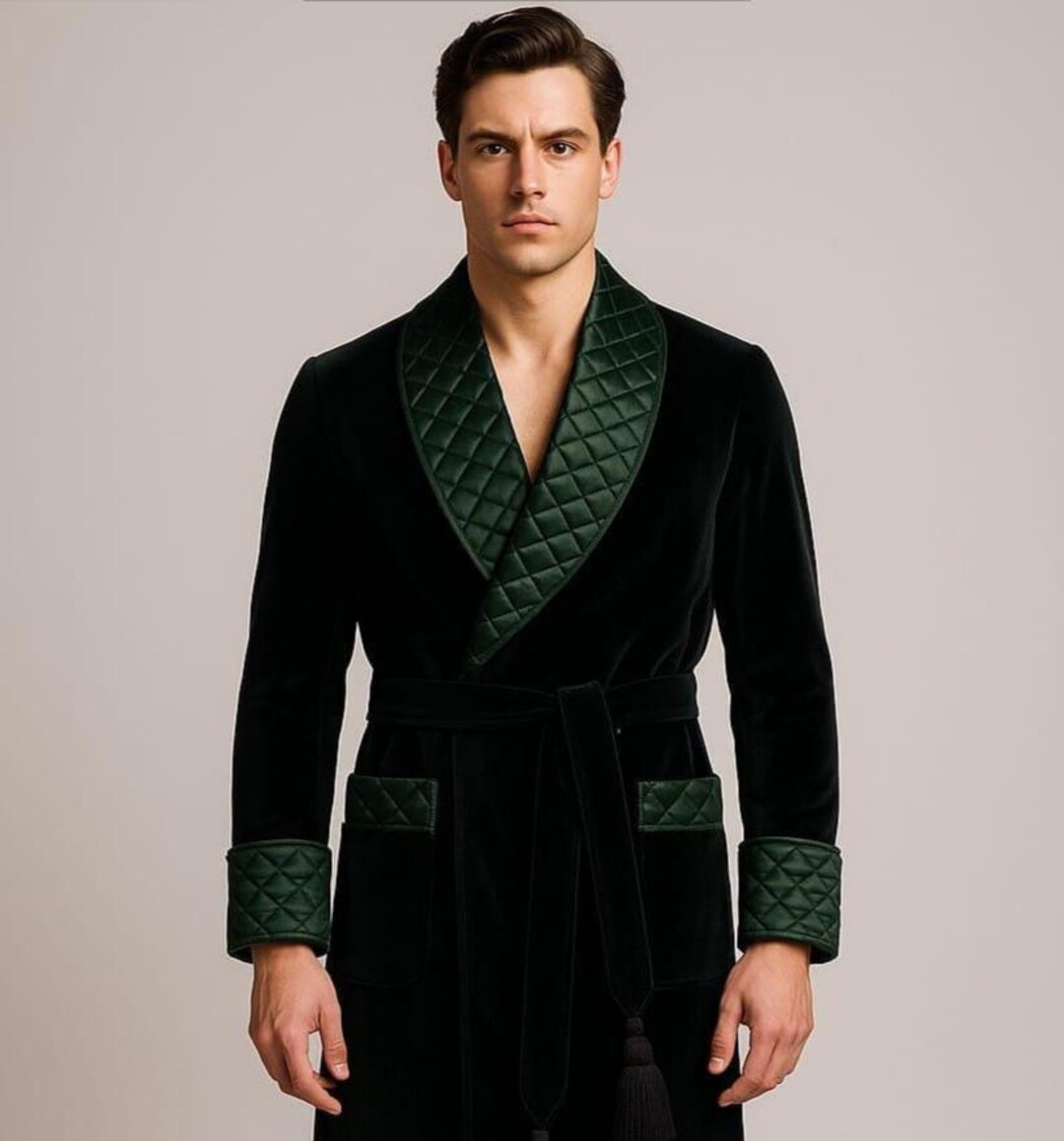 Men’s Emerald Green Velvet Robe – Luxury Lounge Wear With Quilted Shawl ...