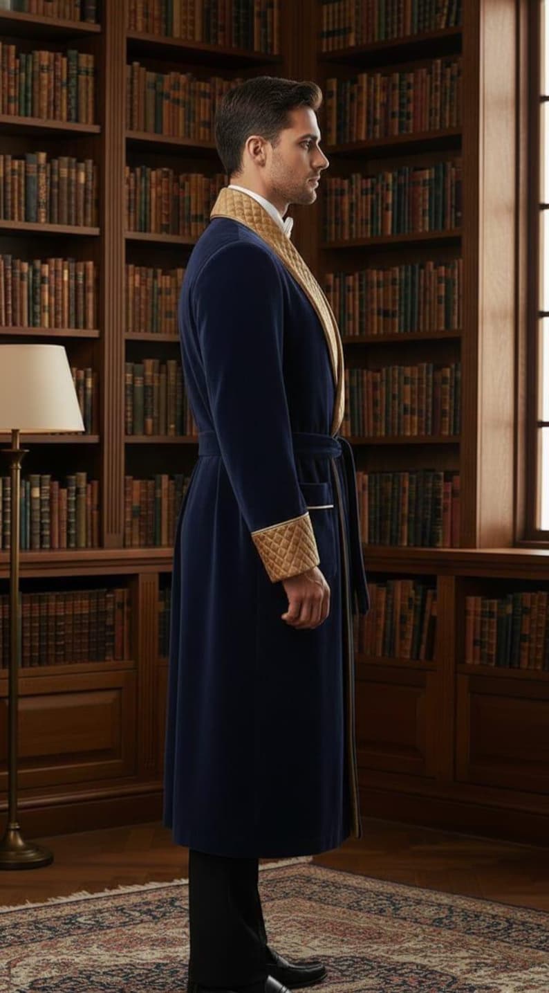 Men's Smoking Robe Men’s Luxury Velvet Smoking Robe – Navy Blue Quilted Shawl Collar ...
