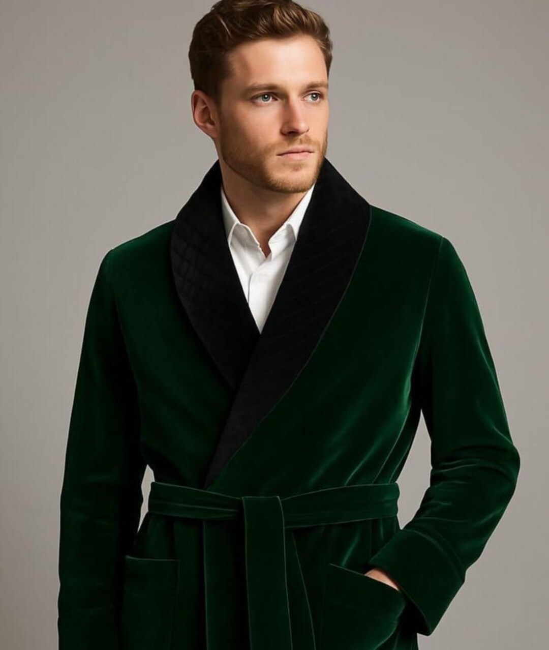 Men’s Emerald Green Velvet Robe – Black Quilted Satin Shawl Collar ...