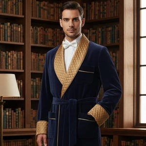 Men’s Luxury Velvet Smoking Robe – Navy Blue Quilted Shawl Collar Dressing Gown, Handmade Elegant Lounge Wear