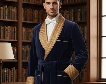 Luxe fluwelen ochtendjas voor heren – Marineblauwe gewatteerde ochtendjas met sjaalkraag, handgemaakte elegante loungewear