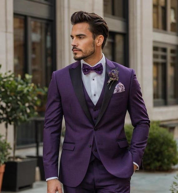 Groom Blue And Purple Tuxedo Men's Purple Tuxedo Suit Piece Wedding Groom  Suit With Bow Tie