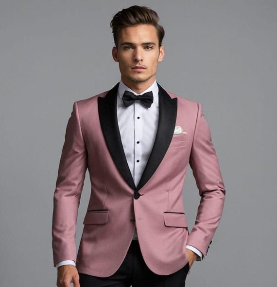 Elegant Pink Tuxedo for Men - Black Satin Lapel Slim Fit Suit
