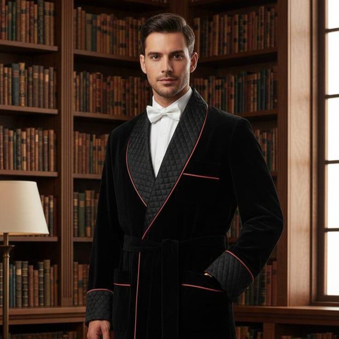 Men's Smoking Robe Men’s Luxury Black Quilted Smoking Jacket Robe | Velvet Lounge Robe ...