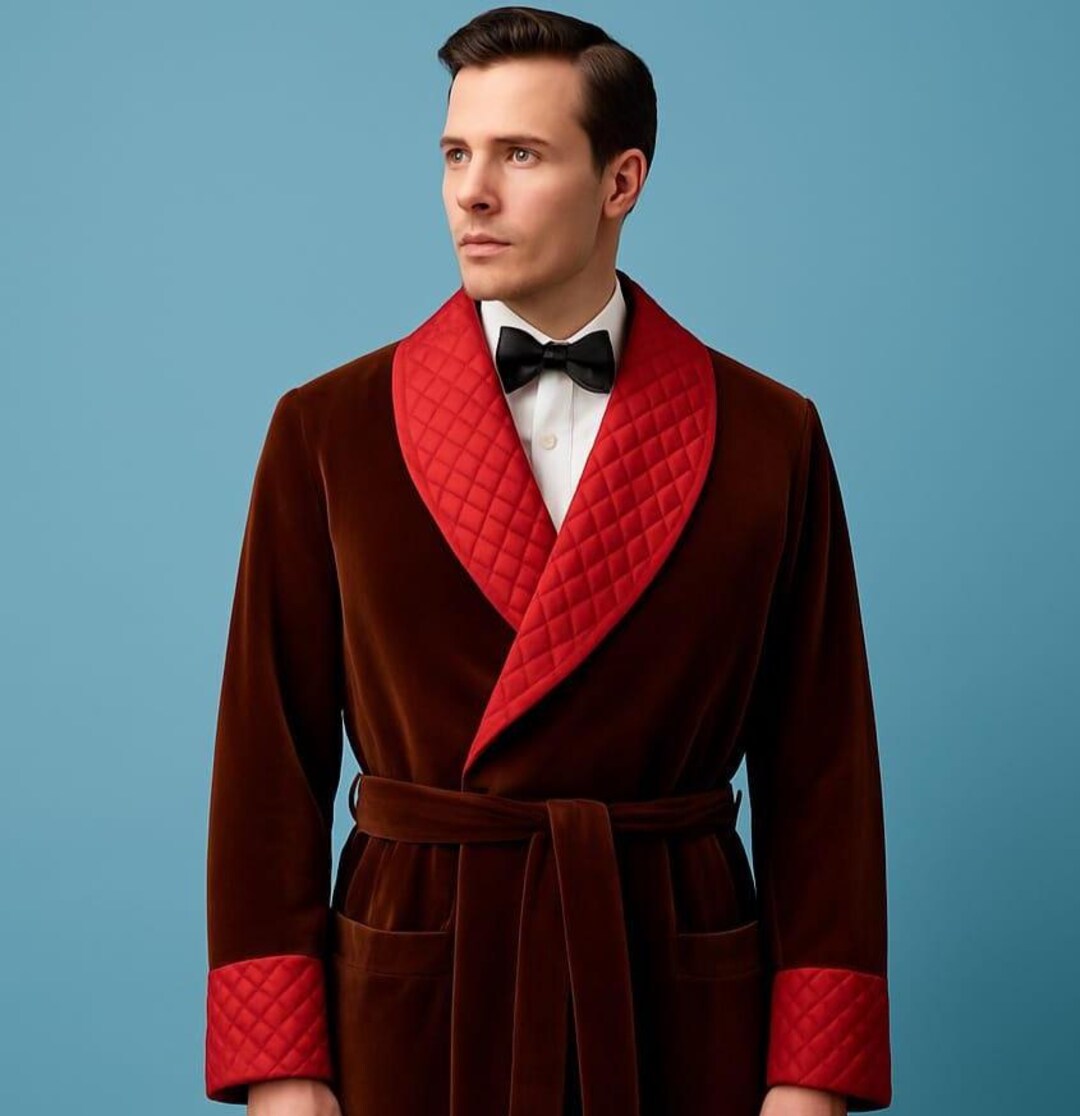 Men’s Brown Velvet Smoking Robe – Quilted Red Satin Shawl Collar ...