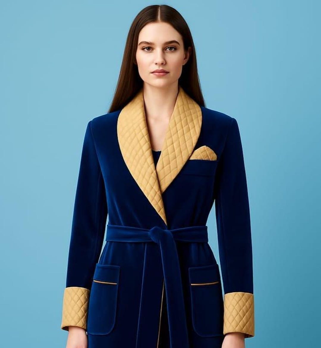 Blue Robe Dress Women's Blue Velvet Robe With Gold Quilted Collar & Cuffs | Luxury ...