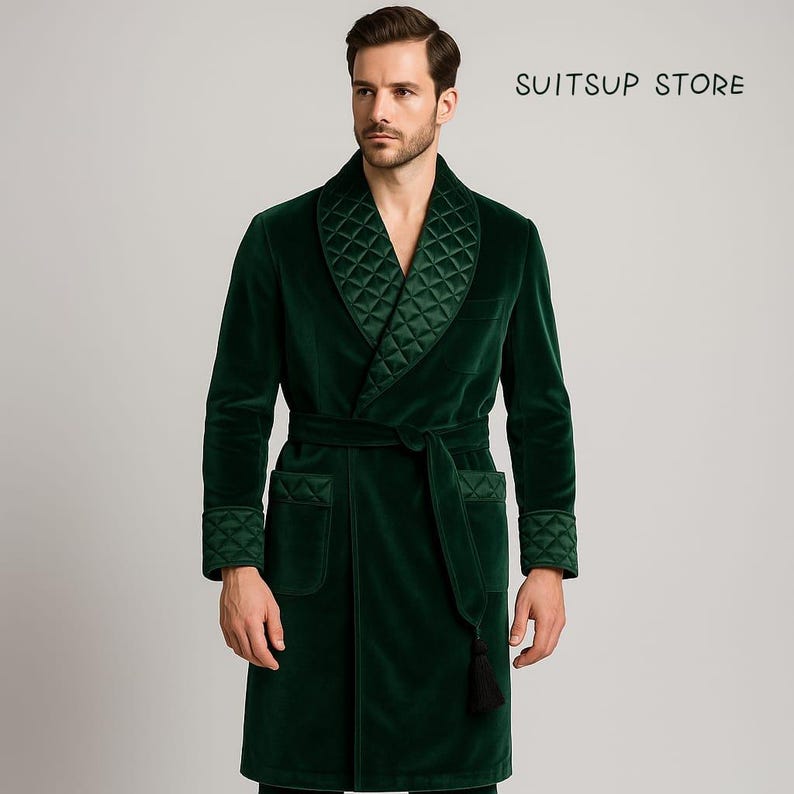 Upper Class Robe Men’s Emerald Green Velvet Robe – Black Quilted Satin Shawl Collar ...