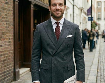 Antracietgrijs double-breasted pak voor heren, luxe pak voor zakelijke bruiloften, formeel pak met puntrevers, klassieke heren smoking op maat.