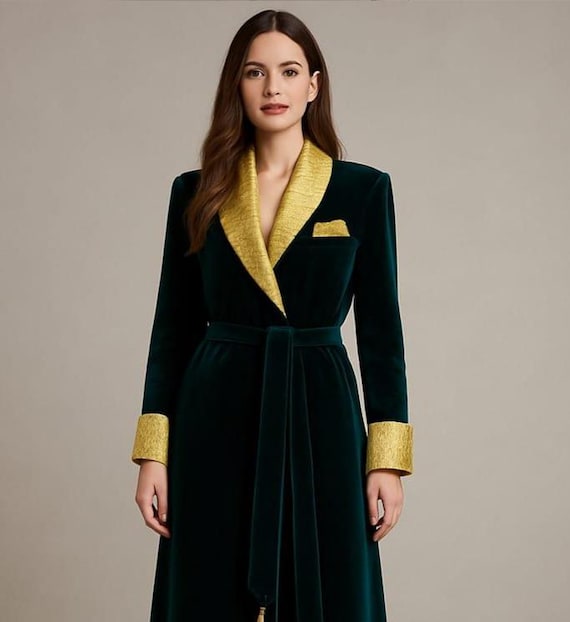 Emerald Green Velvet Long Robe with Gold Trim | Luxury Dressing Gown | Elegant Evening Loungewear | Women's Full-Length Housecoat