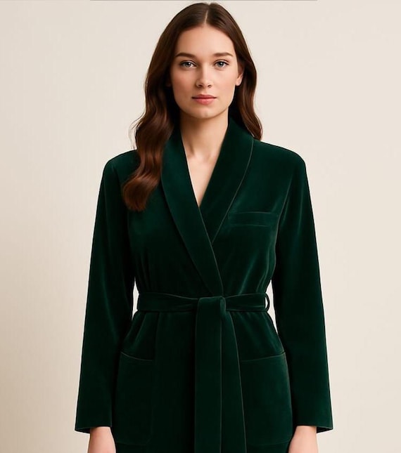dark green dressing gown Women's Emerald Velvet Robe Green velvet robe Adriatic Blue Stretch Cotton warm-weather-segment Each piece is individually Name/Description:Moira Deposit - Mock Neck Long Sleeve Custom