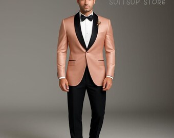 Men's Rose Gold Tuxedo Jacket with Black Lapel - Formal Wedding Suit Blazer, Groom or Groomsmen Attire, Stylish Prom Outfit, Custom Tailored Men's Rose Gold Tuxedo Jacket with Black Lapel - Formal Wedding Suit Blazer, Groom or Groomsmen Attire, Stylish Prom Outfit, Custom Tailored
