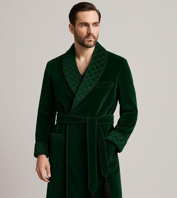 Men's Emerald Green Velvet Smoking Jacket Robe  Quilted Shawl Collar Luxury  Loungewear | Vintage Style Dressing Gown for Grooms & Gifts - Etsy UK
