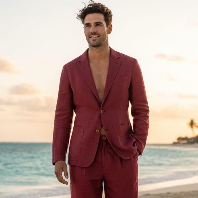 Men's Burgundy Linen Suit Beach Wedding Suit for Men Summer Linen Blazer & Pants Resort Wear Outfit Custom Tailored Lightweight Suit