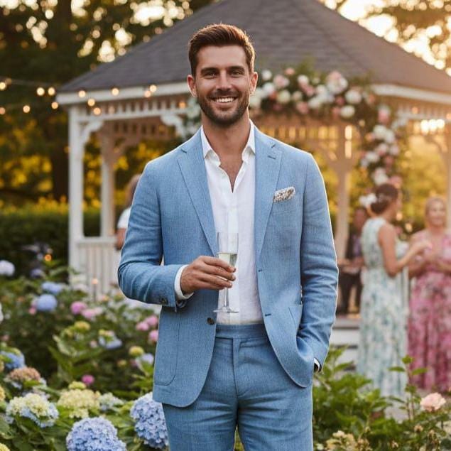 Men's Light Blue Linen Suit - Summer Wedding Outfit, Tailored Two-Piece Suit, Breathable Formal Wear for Garden & Outdoor Event