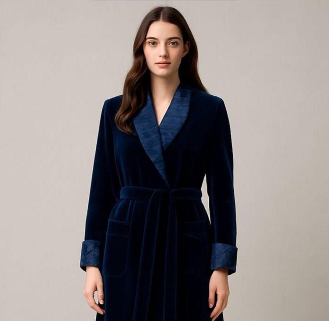 Women’s Long Navy Blue Velvet Robe – Elegant Full-Length Dressing Gown with Shawl Collar & Belt, Handmade Luxury Loungewear