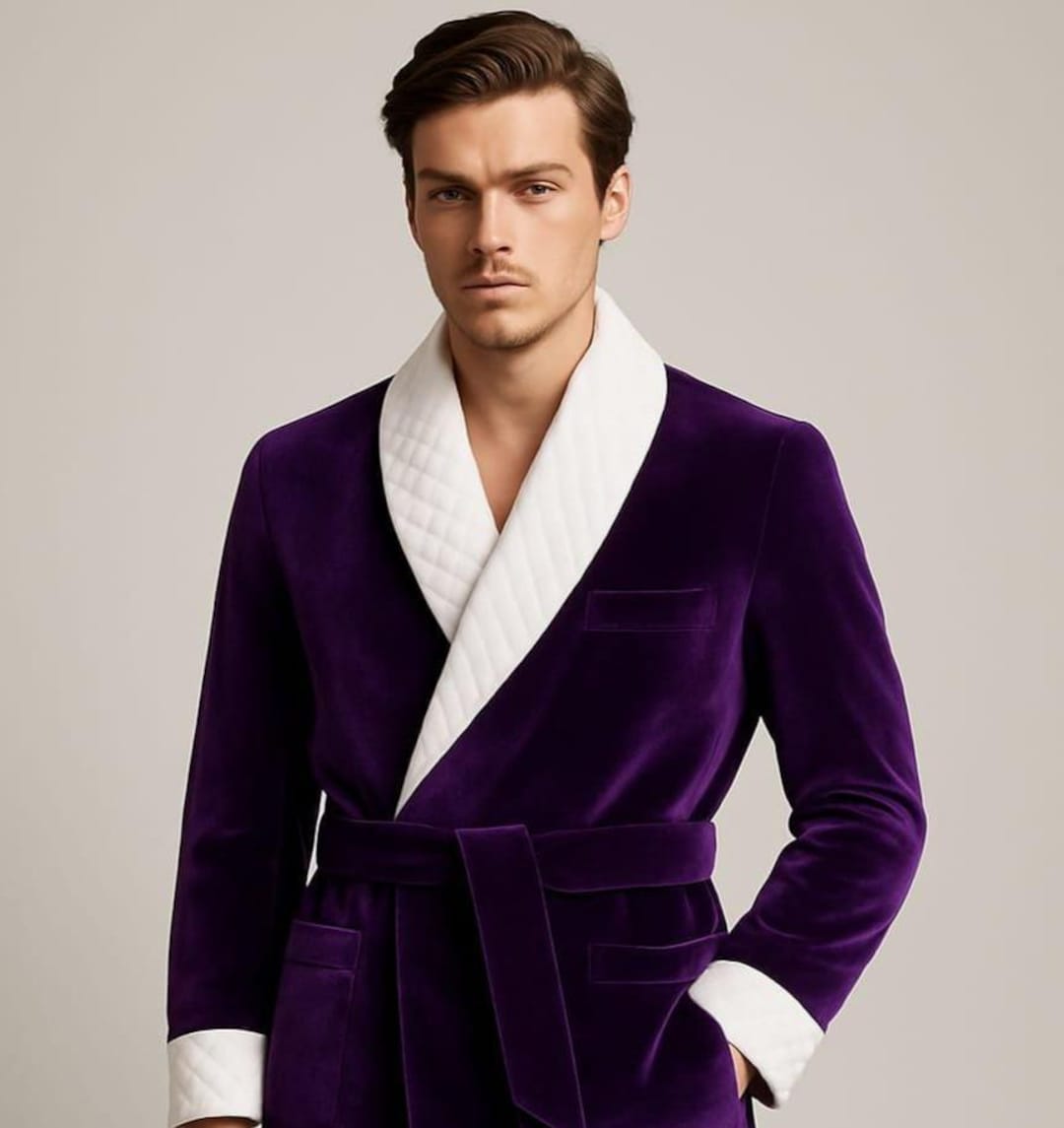 Men’s Purple Velvet Smoking Jacket White Quilted Shawl Collar Luxury — free download