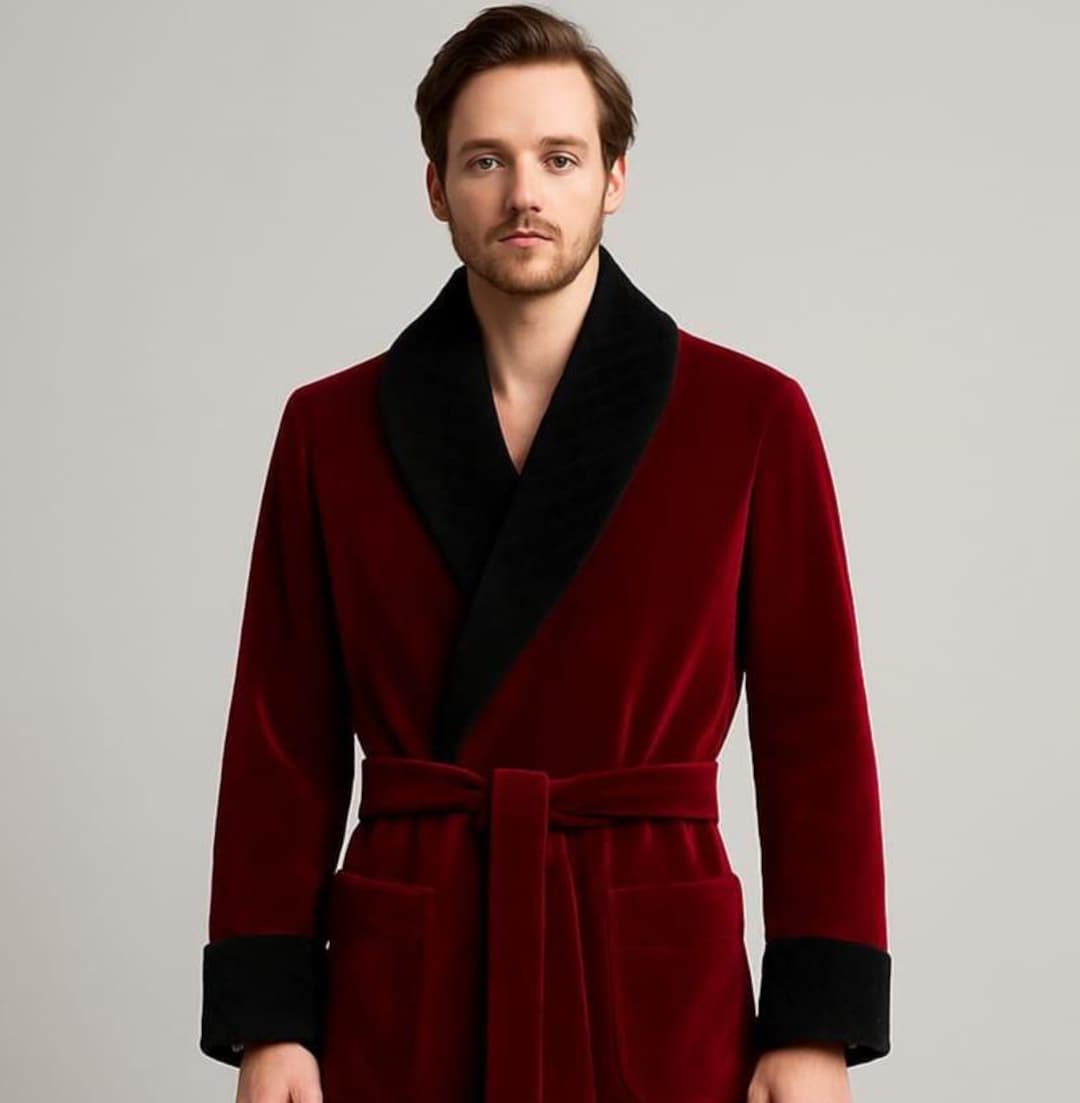 Men’s Burgundy Velvet Robe – Black Quilted Satin Shawl Collar & Cuffs ...