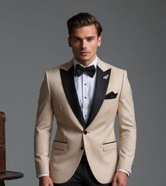 Luxury Beige and Black Tuxedo 2 piece Suit for Men - Slim Fit Dinner Jacket - Groom Wedding Suit - Formal Prom Tux - Modern Men's Blazer