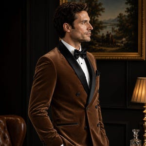Luxury Brown Velvet Tuxedo Jacket for Men, Double Breasted Dinner Jacket, Black Shawl Lapel Blazer, Groom Wedding Suit, Formal Prom Tuxedo