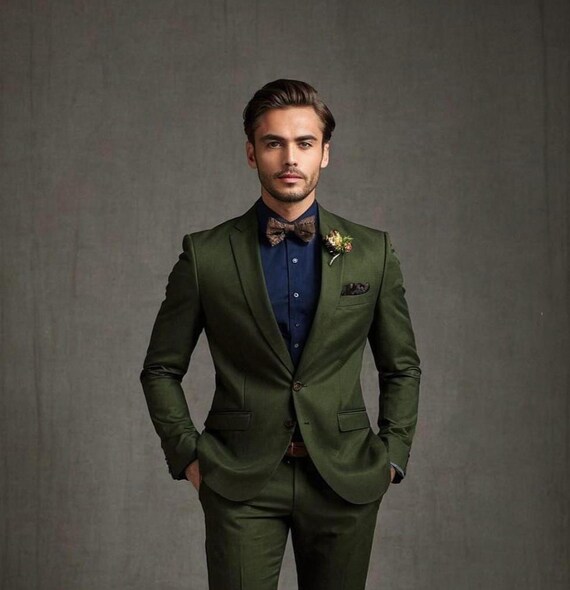 Men's Olive Wedding Suit With Bow Tie | Slim Fit Formal Outfit With Navy  Shirt | Perfect for Rustic Fall Weddings and Groomsmen - Etsy New Zealand