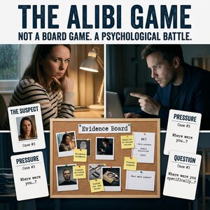 May include: Image of a promotional graphic for "The Alibi Game." The image features two people, a cork evidence board with photos and notes, and cards with questions. Text includes "The Alibi Game" and "Not a board game. A psychological battle."