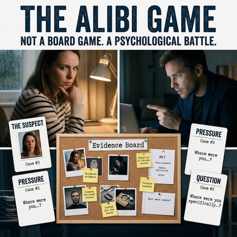 May include: Image of a promotional graphic for "The Alibi Game." The image features two people, a cork evidence board with photos and notes, and cards with questions. Text includes "The Alibi Game" and "Not a board game. A psychological battle."