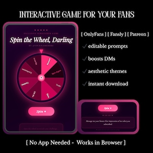 May include: A digital graphic promoting an interactive game for fans, featuring a pink and purple color scheme. The game, "Spin the Wheel, Darling," includes a wheel with prompts like "Mystery" and "Dare." Additional text highlights features and platforms.