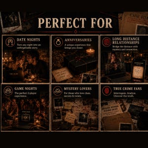 May include: A promotional image for a mystery game, featuring various scenarios. The text "PERFECT FOR" is at the top. Scenes include couples, a gift box, video calls, and game night gatherings. The game is designed for date nights, anniversaries, and long-distance relationships.